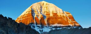 Stunning view of Mount Kailash illuminated by the sunrise, a majestic natural wonder.